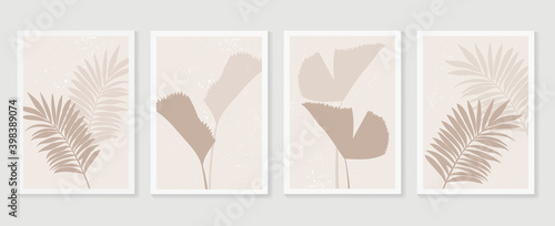 Palm leaves wall art vector set. Earth tone boho foliage line art drawing with  abstract shape.  Tropical Plant Art design for print, cover, wallpaper, Minimal and  natural wall art.