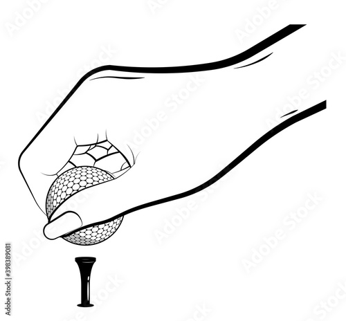 woman hand of sportswoman carefully puts sport ball for golf on stand, tee on white background. Golf competition. Vector