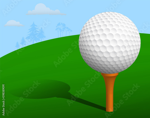 sport ball for golf on stand, tee with shadow on field, course. Golf competition. Vector