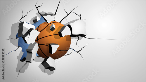 orange basketball ball punched through the wall and breaks into shards, cracks on wall. Inflicting heavy damage. Vector