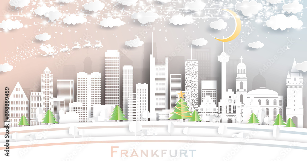 Frankfurt Germany City Skyline in Paper Cut Style with Snowflakes, Moon and Neon Garland.