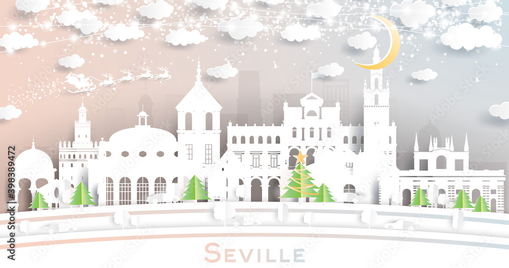 Fototapeta premium Seville Spain City Skyline in Paper Cut Style with Snowflakes, Moon and Neon Garland.