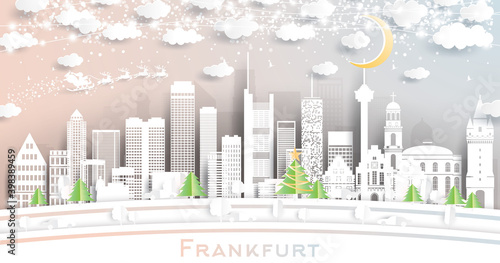 Frankfurt Germany City Skyline in Paper Cut Style with Snowflakes, Moon and Neon Garland.