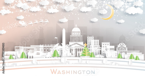 Washington DC USA City Skyline in Paper Cut Style with Snowflakes, Moon and Neon Garland.