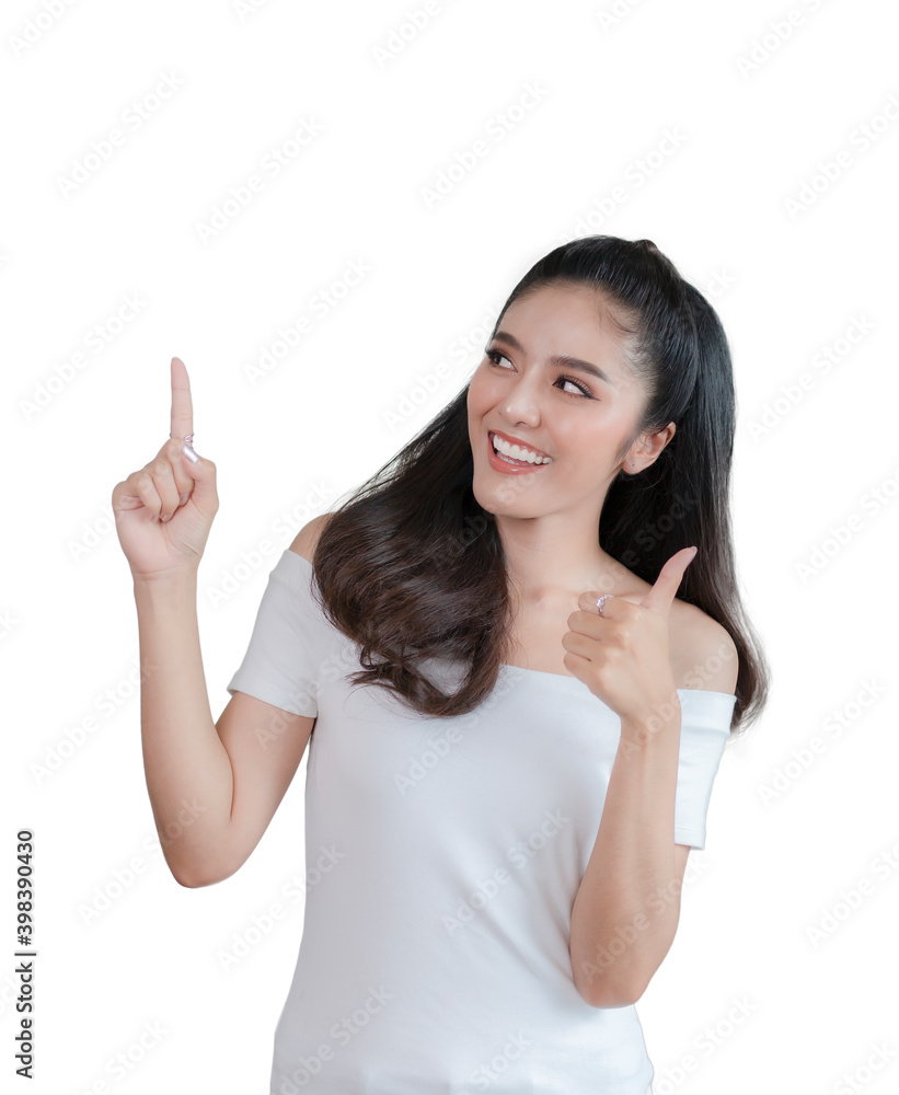 Asian woman with sign gesture. Beautiful casual girl pointing up and looking at camera. Smiling girl pointing finger away isolated on a white. Portrait of a happy casual woman with hand gesture. Asian woman with sign gesture. Beautiful casual girl pointing up and looking at camera. Smiling girl pointing finger away isolated on a white. Portrait of a happy casual woman with hand gesture.