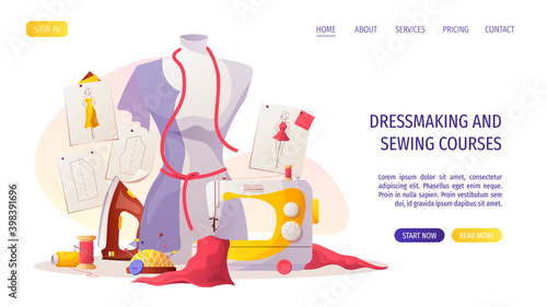 Sewing machine, mannequin, iron.  patterns and sketches, pincushion, threads. Fashion design, dressmaking, sewing workshop or courses, tailoring concept. Vector illustration for banner, advertising.