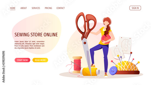 Woman with scissors. Patterns, pincushion, threads, buttons. Seamstress, sewing workshop or courses, needlework, handicraft concept. Vector illustration for banner, advertising, poster, website.