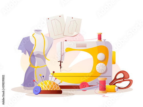 Sewing machine, mannequin.  Patterns, pincushion, threads. Fashion design, dressmaking, sewing workshop or courses, tailoring concept. Vector illustration for banner, advertising.