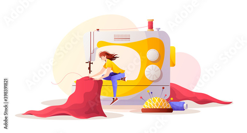 Woman with sewing machine. Cloth, pincushion, threads. Seamstress, sewing workshop or courses, tailoring, needlework, handicraft concept. Vector illustration for banner, advertising, poster.