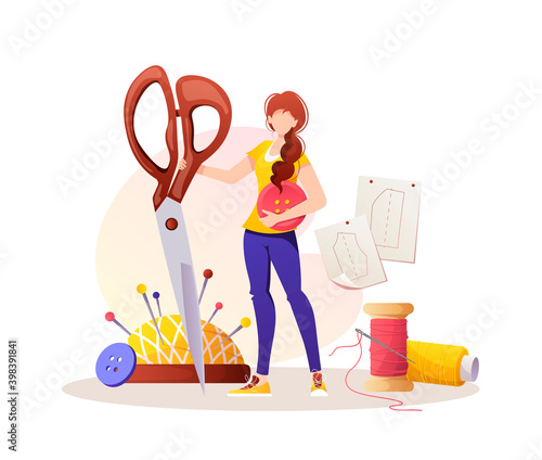 Woman with scissors. Patterns, pincushion, threads, buttons. Seamstress, sewing workshop or courses, needlework, handicraft concept. Vector illustration for banner, advertising, poster.