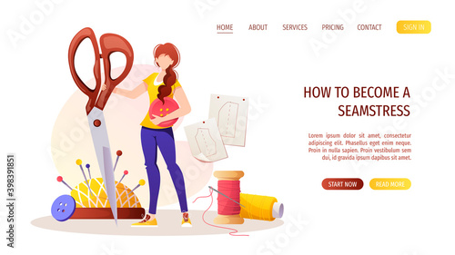 Woman with scissors. Patterns, pincushion, threads, buttons. Seamstress, sewing workshop or courses, needlework, handicraft concept. Vector illustration for banner, advertising, poster, website.