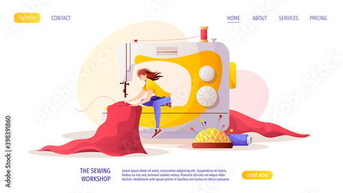 Woman with sewing machine. Cloth, pincushion, threads. Seamstress, sewing workshop or courses, tailoring, needlework, handicraft concept. Vector illustration for banner, advertising, poster, website.