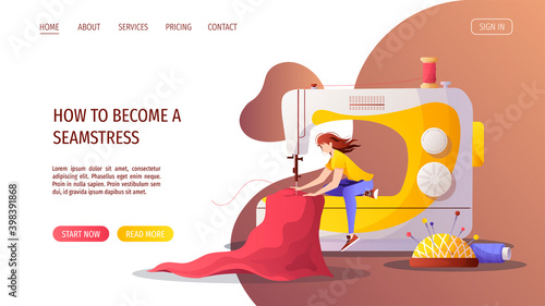 Woman with sewing machine. Cloth, pincushion, threads. Seamstress, sewing workshop or courses, tailoring, needlework, handicraft concept. Vector illustration for banner, advertising, poster, website.