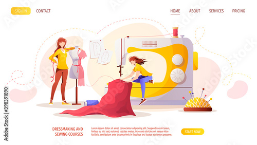 Women with sewing machine and mannequin. Patterns, pincushion, threads. Fashion designer, seamstress, sewing workshop, tailoring, needlework, handicraft concept. Vector illustration for banner.