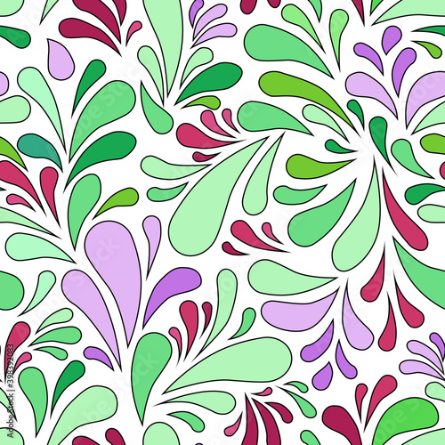 floral drops colorful cartoon vector illustration, black outline, over white background vector seamless pattern.

