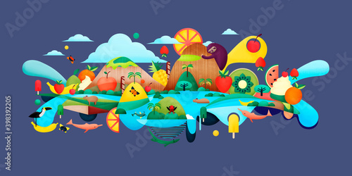 Creative animal concept. Ilustración artística de animales, helados y frutas en las selvas de Colombia, abstracta y colorida. Guaviare, Inírida, Guainía, Cerros de Mavicuri photo