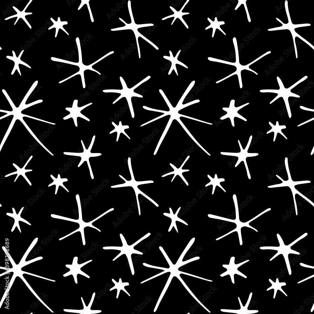 Vector seamless pattern from hand drawn snowflakes in doodle style. Winter, christmas, new year background and texture. Snowfall and night sky