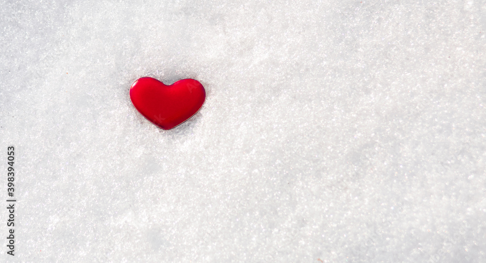 red heart in the snow, copy space, banner
