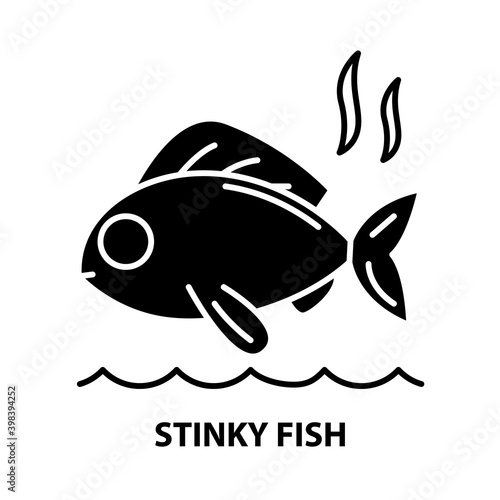 stinky fish icon, black vector sign with editable strokes, concept illustration