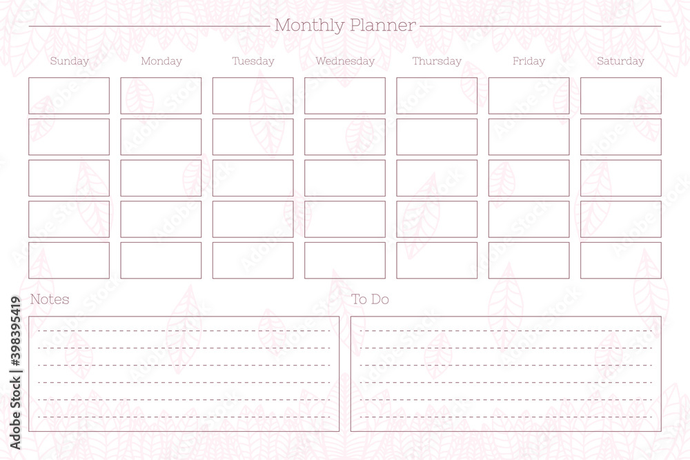 monthly personal planner diary template. Monthly calendar individual schedule minimalist design for private and business notebook. Week starts on sunday.