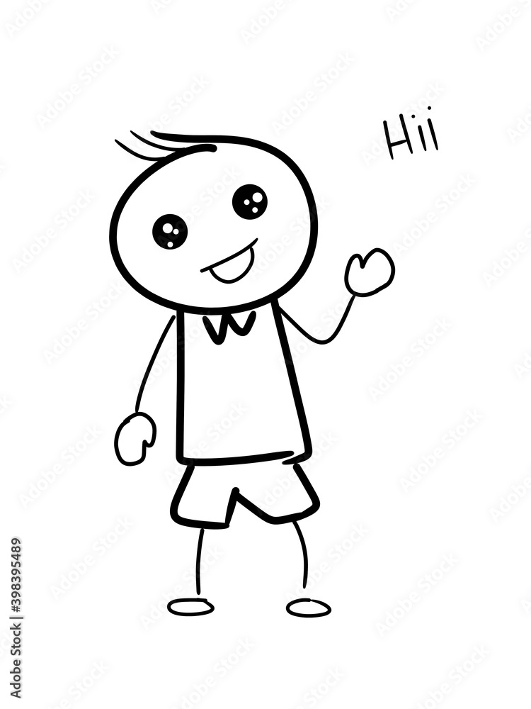 illustration of boy greeting cheerfully, to be colored freely, colorless, black and white illustration of boy greeting cheerfully, to be colored freely, colorless, black and white