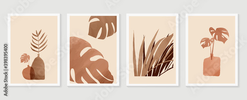 Botanical wall art vector set. Earth tone boho foliage line art drawing with  abstract shape.  Tropical Plant cover design for print, cover, wallpaper, Minimal and  natural wall art.