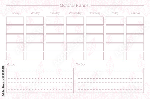 monthly personal planner diary template. Monthly calendar individual schedule minimalist design for private and business notebook. Week starts on sunday.