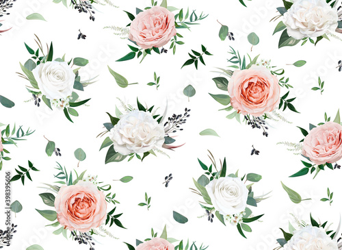 Vector watercolor style floral bouquet seamless pattern on white background. Blush peach, dusty pink, ivory Rose flowers, Eucalyptus greenery, berries, green leaves. Delicate, elegant, isolated design