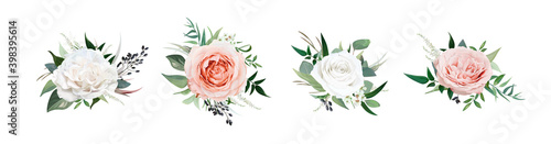 Vector, watercolor style floral bouquet. Blush peach, dusty pink, ivory white Rose flowers, Eucalyptus greenery, berries, tender green leaves, vines. Editable wedding designer element set illustration