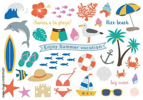 summer vacations　夏　ビーチ　海　イラスト　セット