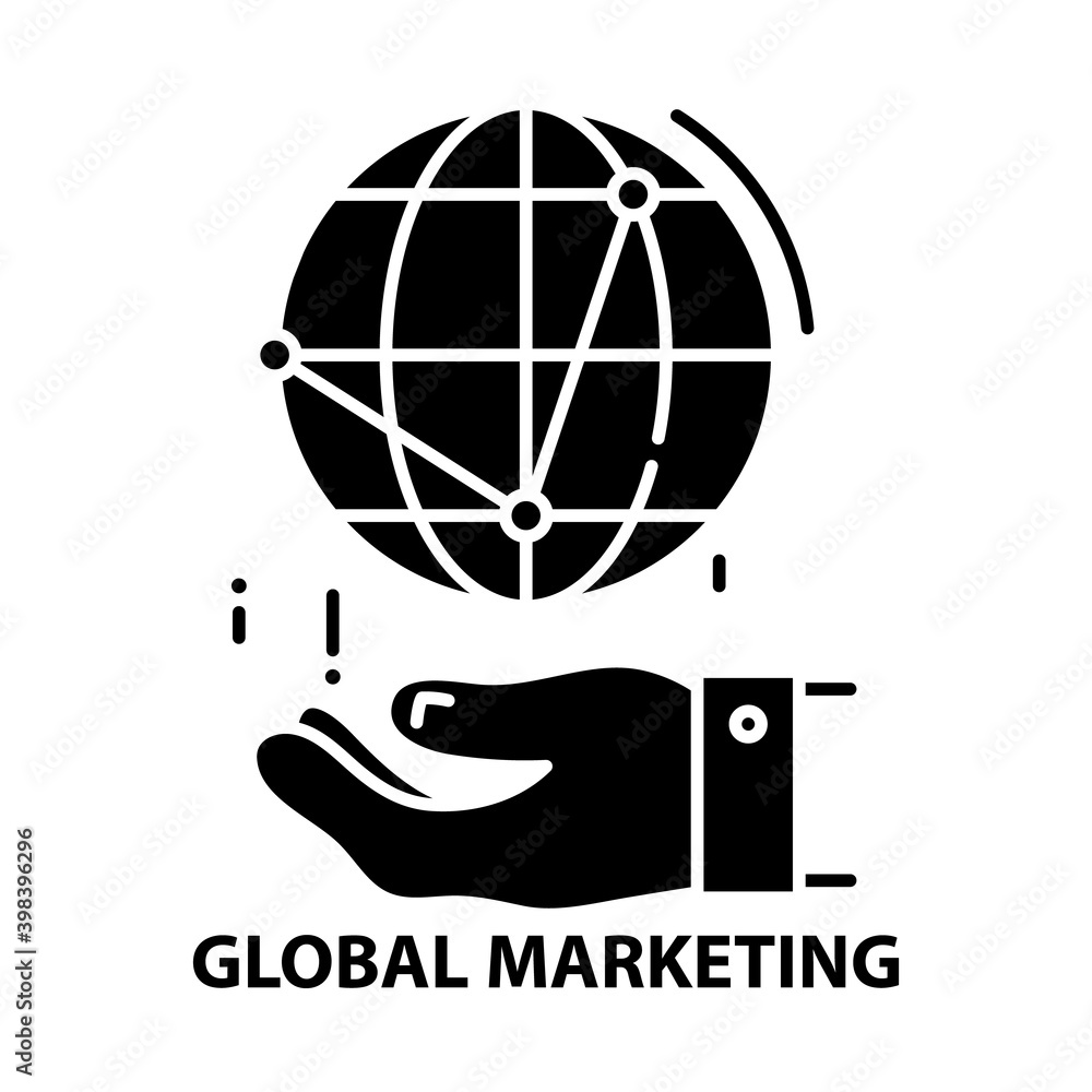 global marketing icon, black vector sign with editable strokes, concept illustration global marketing icon, black vector sign with editable strokes, concept illustration