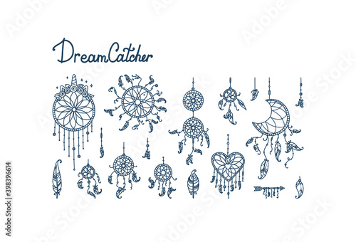 Boho dreamcatchers with feathers and arrow. Big set with dreamcatchers in shape of crescent moon, heart and circles. Vector illustration in doodle style