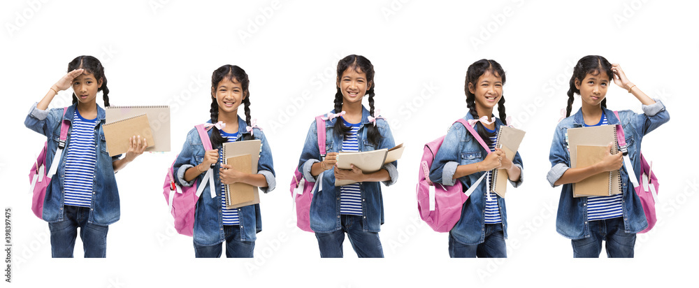 Obraz premium Group of Asian schoolgirl and her stationery posing on a white background.