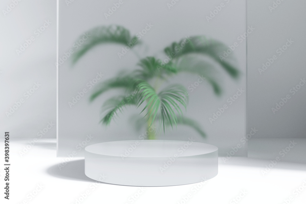 White marble product display podium leaves . 3D render 