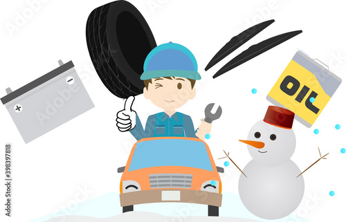 雪だるまた冬の整備・点検のイメージイラスト