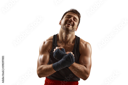 portrait of happy handsome boxer laughs isolated on white background