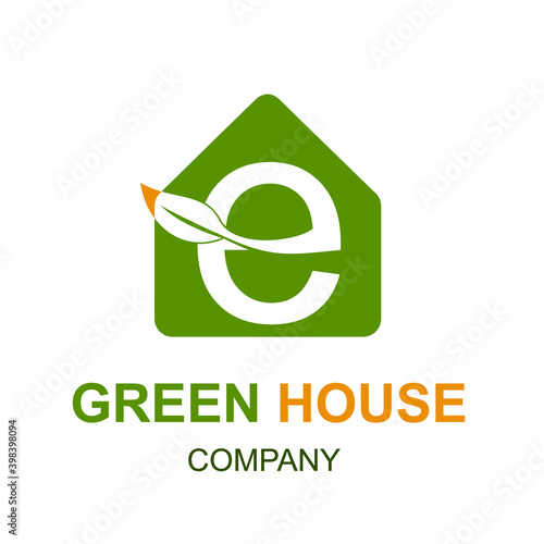 Initial e letter with leaf and home icon for agriculture and green house nature logo concept