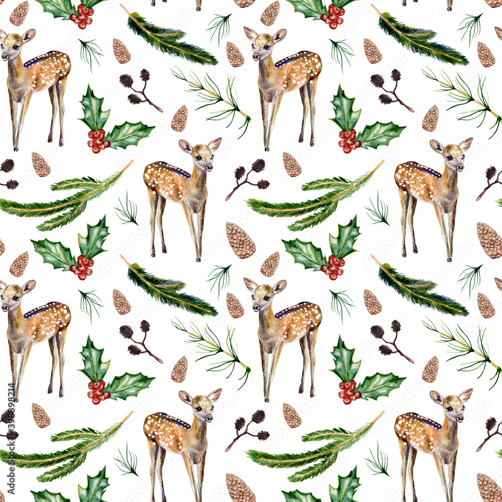 Obraz Akwarela ręcznie malowane wzór z baby jelenia, Gil, holly, gałęzie iglaste i róży na białym tle. Świąteczny wzór doskonale sprawdzi się na tkaninie, papierze pakowym czy scrapbookingu