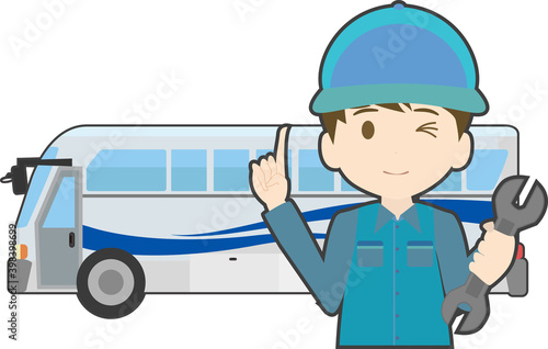 バスと指差しする整備士のイラスト