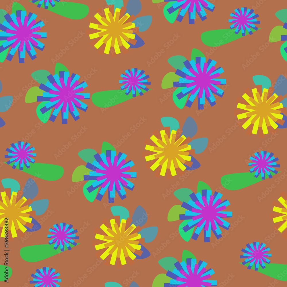 Seamless pattern of Abstract blue and yellow flowers on a dark yellow background for textile. Seamless pattern of Abstract blue and yellow flowers on a dark yellow background for textile.