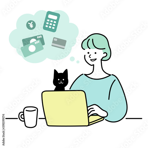 お金のことを考える女性とそれを見守るネコのイラスト