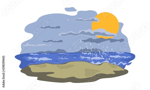 Grey dark sky, raging ocean, big waves, wind. Vector weather change, nature landscape, tropical rain, exotic seascape and desert land design isolated on white background
