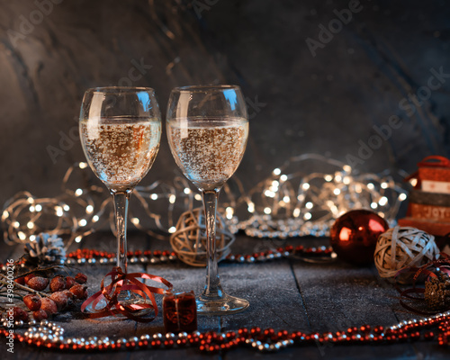 Christmas still life with two glasses of champagne