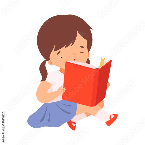 Adorable Little Girl Reading Book, Cute Kid Sitting on Floor with Book, Literature Fan, Education and Imagination Concept Cartoon Style Vector Illustration