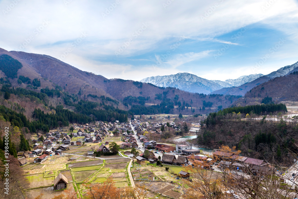 Traditional and Historical Japanese village Shirakawago in spring at Gifu Prefecture Japan.