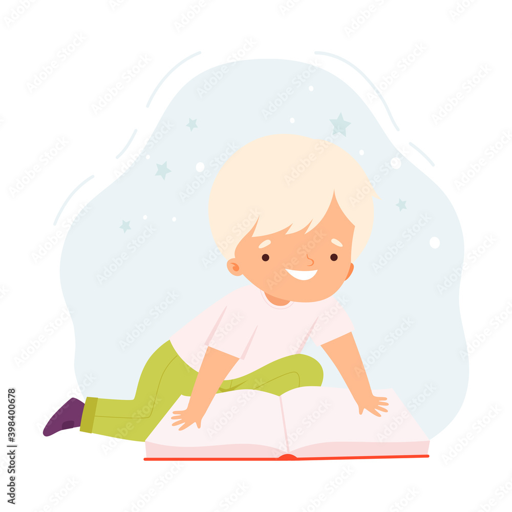 Adorable Boy Reading Book, Smiling Preschool Kid Sitting on Floor with Book, Education and Imagination Concept Cartoon Style Vector Illustration Adorable Boy Reading Book, Smiling Preschool Kid Sitting on Floor with Book, Education and Imagination Concept Cartoon Style Vector Illustration