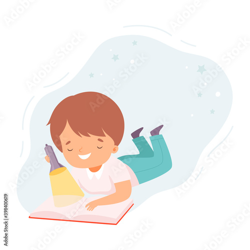Little Boy Reading Book, Cute Kid Lying on Floor and Reading Using Flashlight, Education and Imagination Concept Cartoon Style Vector Illustration