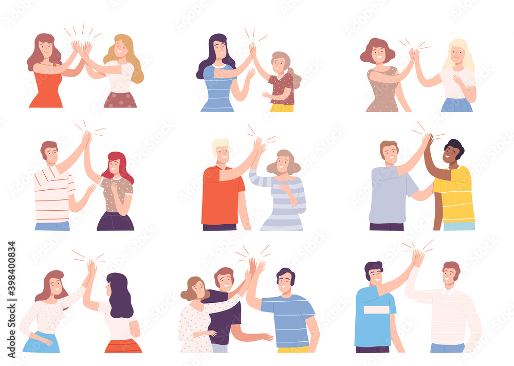 Happy People Characters Giving High Five to Each Other Vector Illustration Set Happy People Characters Giving High Five to Each Other Vector Illustration Set