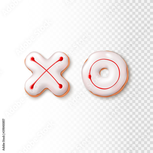 Realistic XO cookies isolated on checkered background. 3d Realistic XO cookies. Vector illustration with sweet symbol for Valentine's Day.