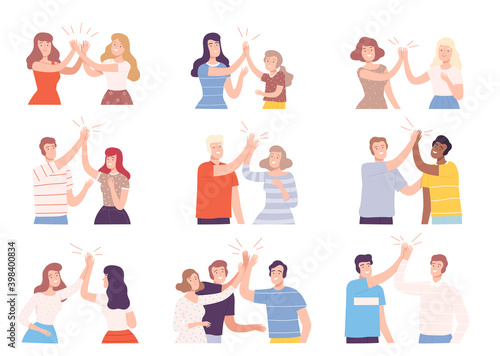 Happy People Characters Giving High Five to Each Other Vector Illustration Set
